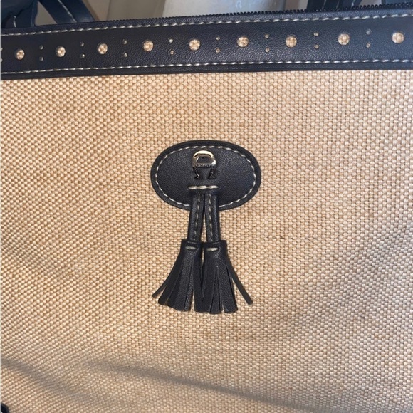 Vintage Etienne Aigner Jute Purse Cream And Blue 13.5” x 7” Vegan 🌱 trim! - Picture 2 of 7